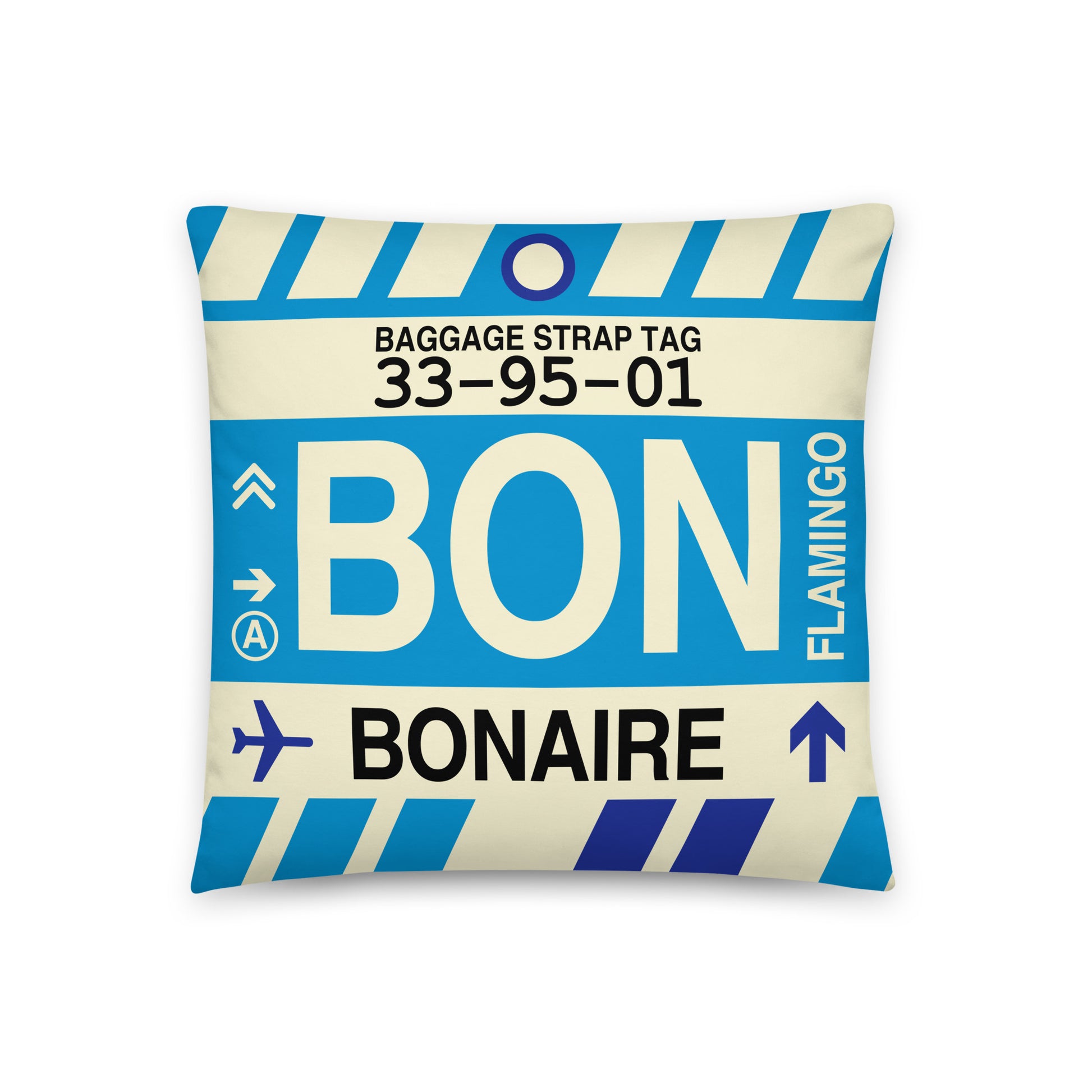BON Bonaire Throw Pillow • Jet Age Baggage Tag Design • YHM Designs - Image 01