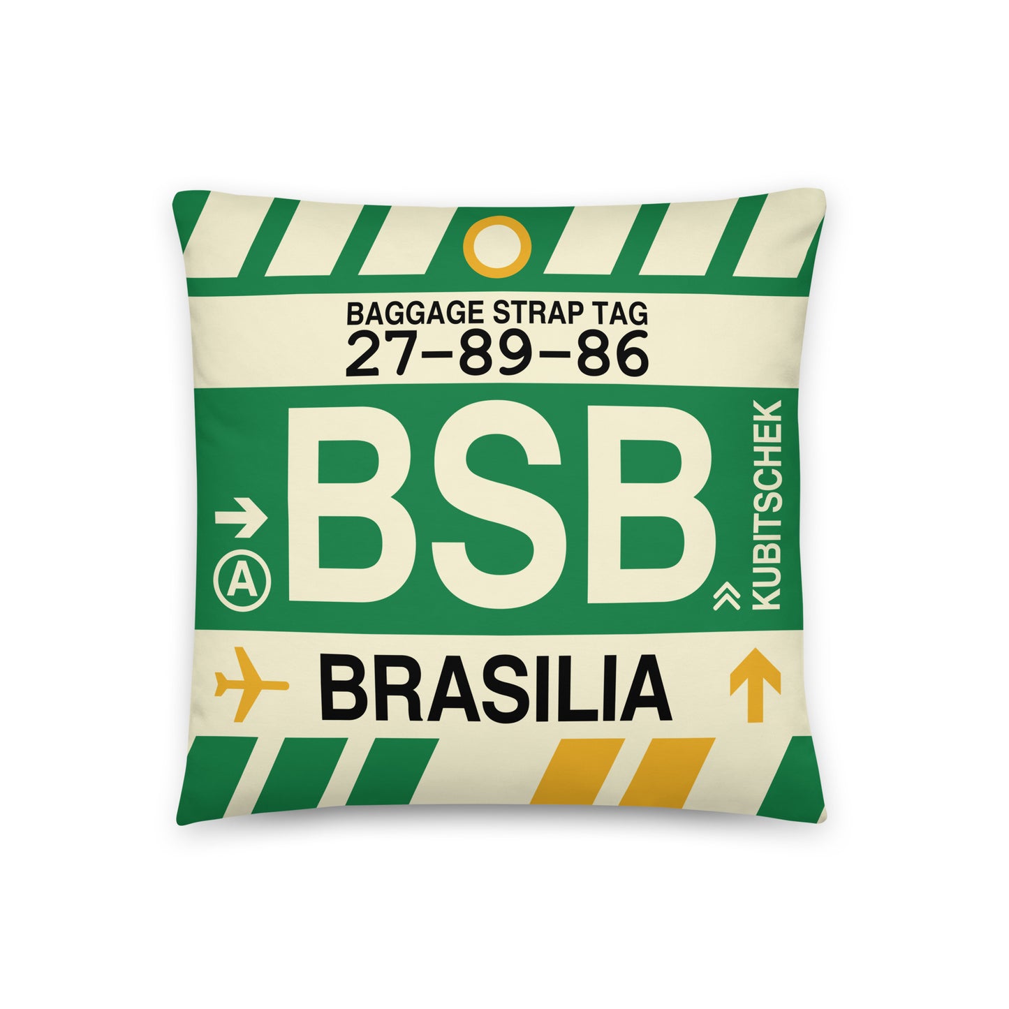 BSB Brasilia Throw Pillow • Jet Age Baggage Tag Design • YHM Designs - Image 01