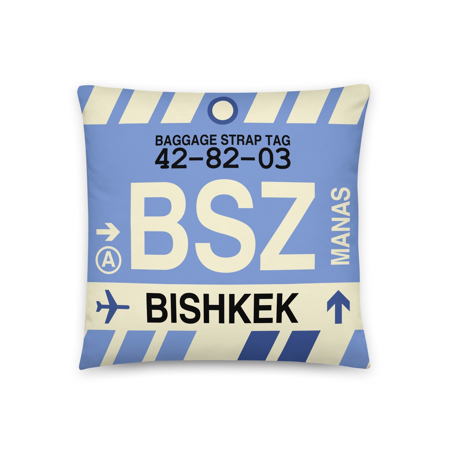 BSZ Bishkek Throw Pillow • Jet Age Baggage Tag Design • YHM Designs - Image 01