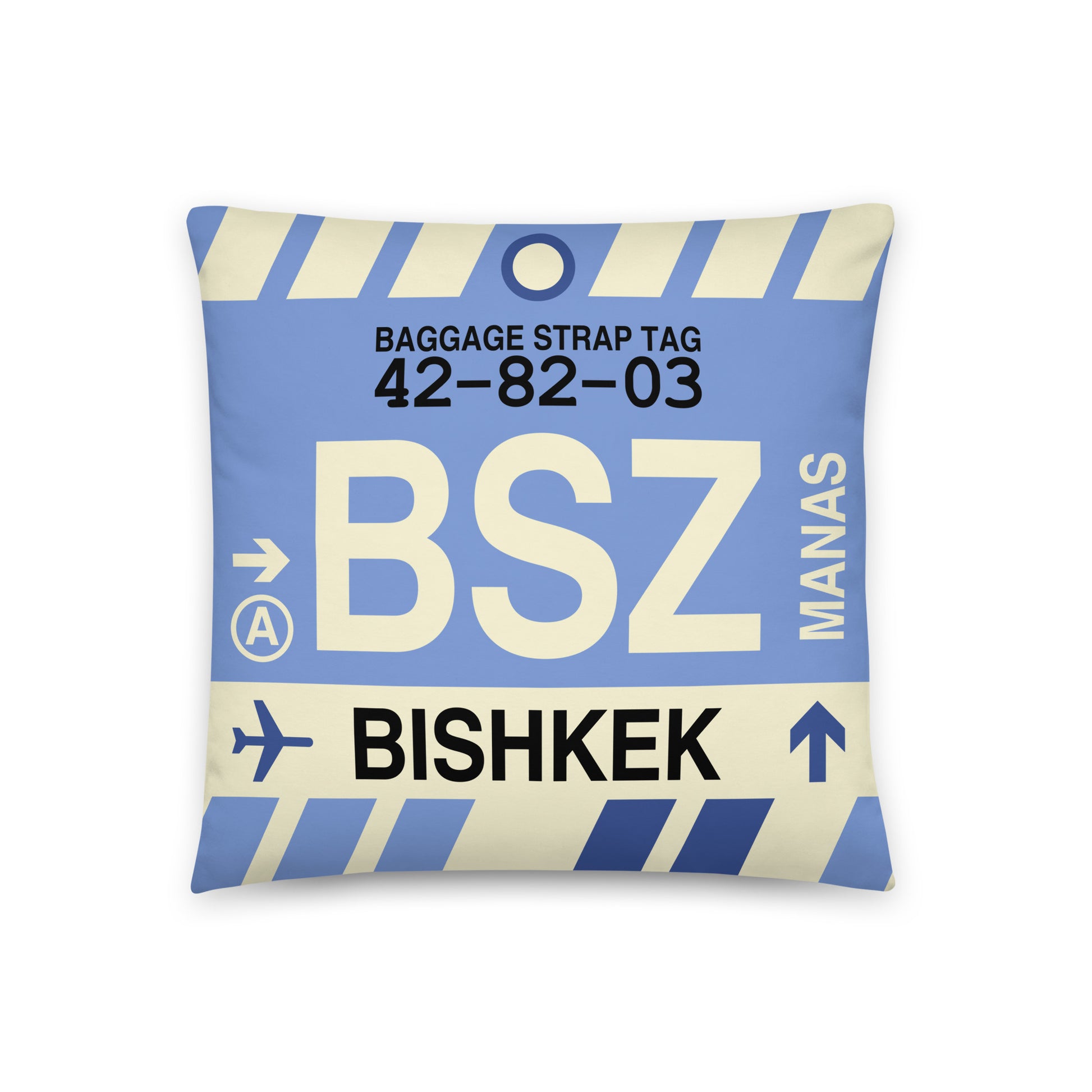 BSZ Bishkek Throw Pillow • Jet Age Baggage Tag Design • YHM Designs - Image 01
