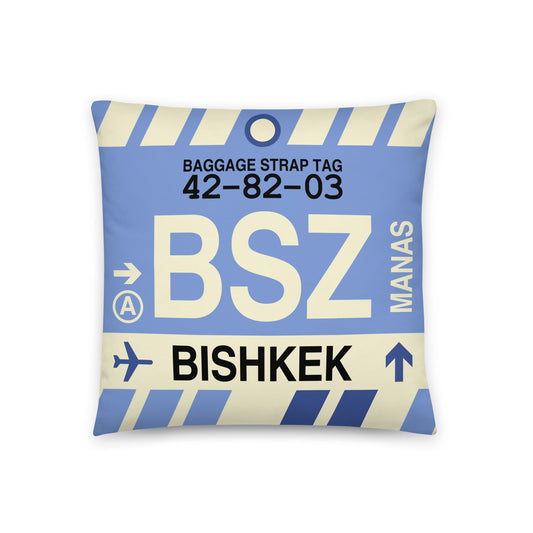 BSZ Bishkek Throw Pillow • Jet Age Baggage Tag Design • YHM Designs - Image 01