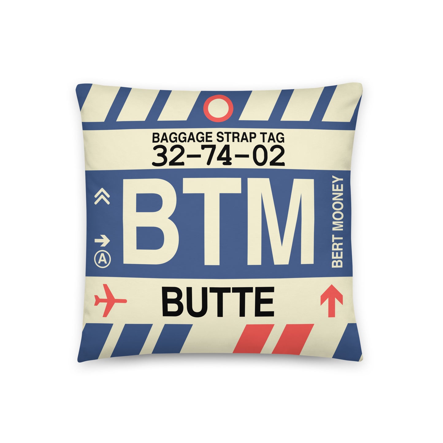BTM Butte Throw Pillow • Jet Age Baggage Tag Design • YHM Designs - Image 01