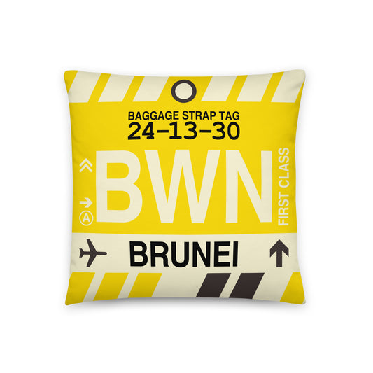 BWN Brunei Throw Pillow • Jet Age Baggage Tag Design • YHM Designs - Image 01