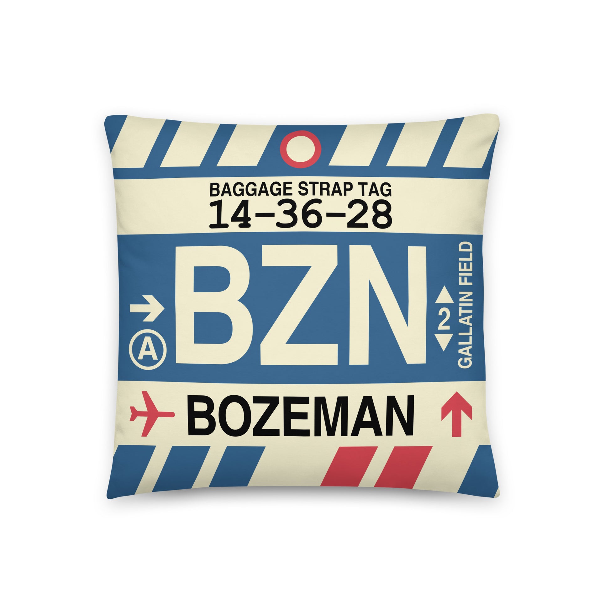 BZN Bozeman Throw Pillow • Jet Age Baggage Tag Design • YHM Designs - Image 01