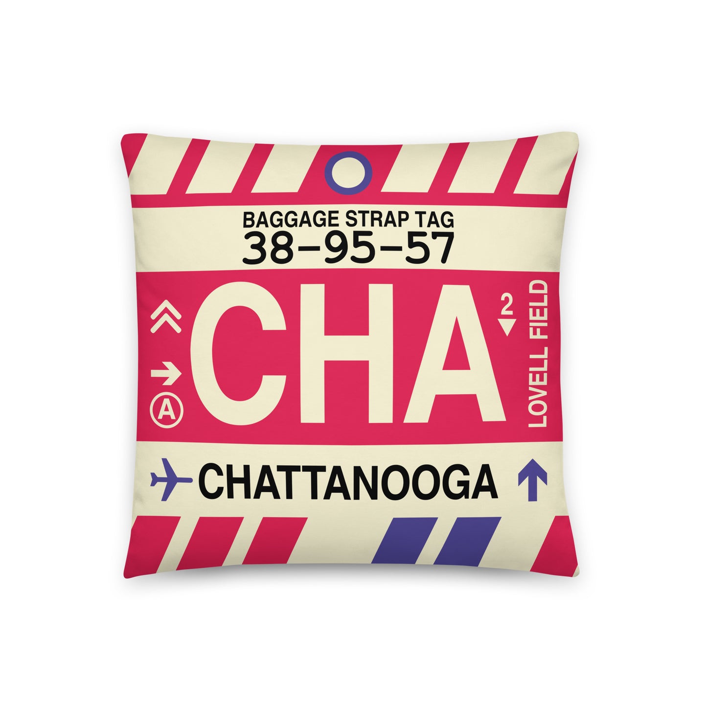 CHA Chattanooga Throw Pillow • Jet Age Baggage Tag Design • YHM Designs - Image 01