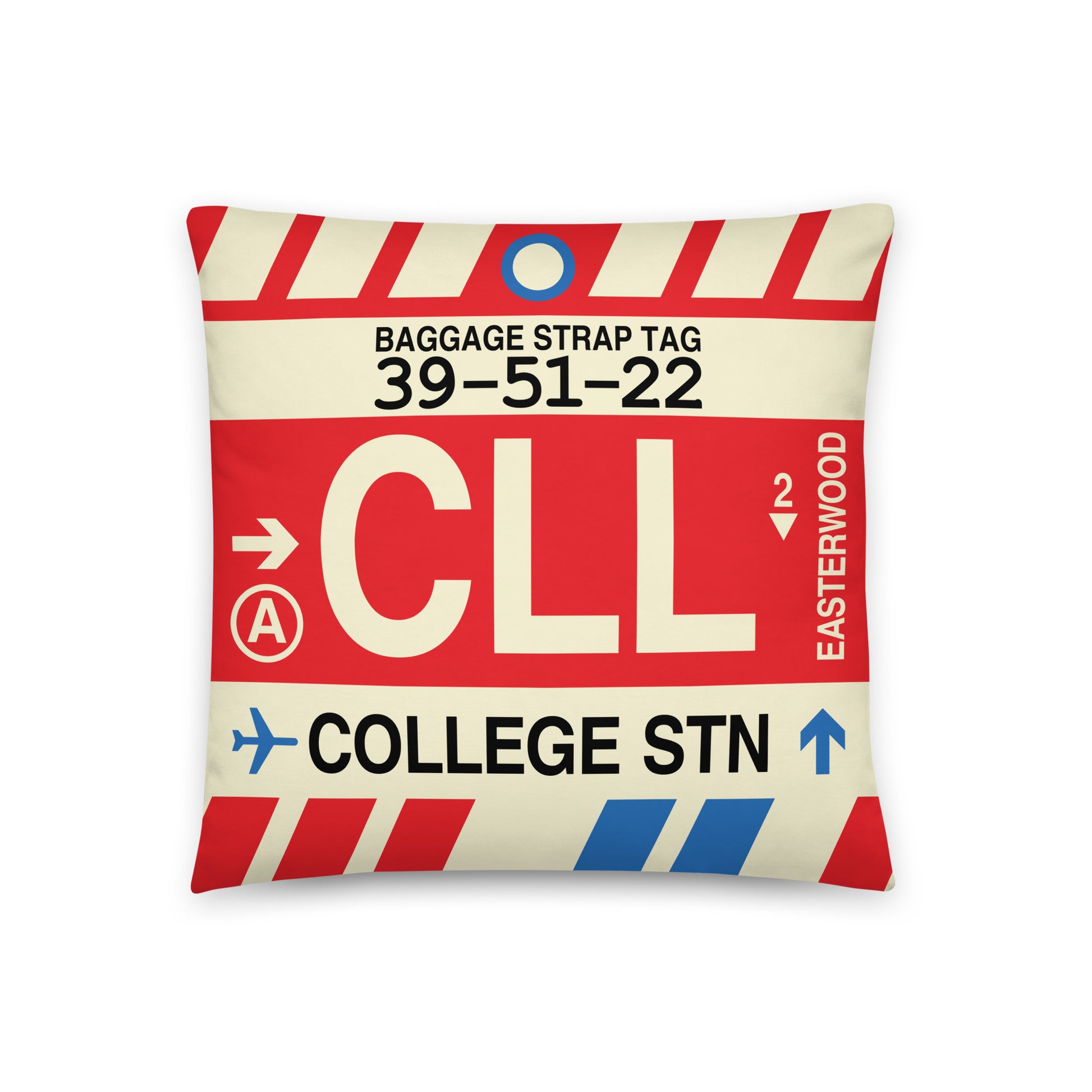CLL College Station Throw Pillow • Jet Age Baggage Tag Design • YHM Designs - Image 01