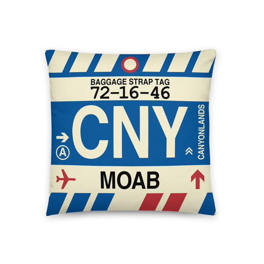CNY Moab Throw Pillow • Jet Age Baggage Tag Design • YHM Designs - Image 01