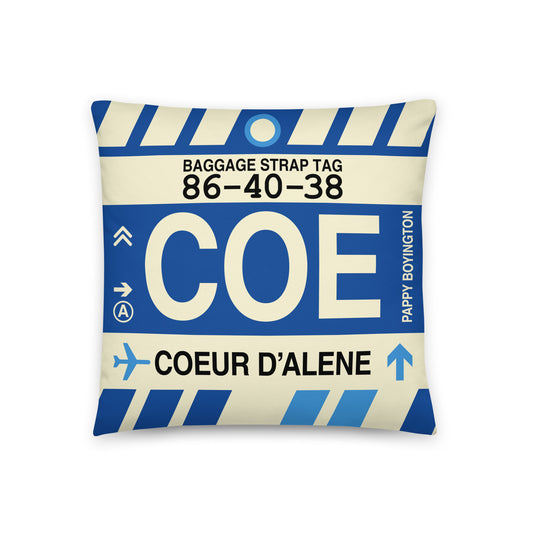 COE Coeur D'Alene Throw Pillow • Jet Age Baggage Tag Design • YHM Designs - Image 01
