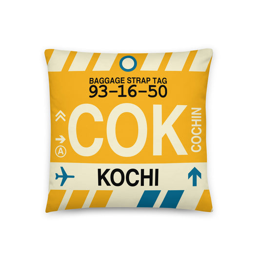 COK Kochi Throw Pillow • Jet Age Baggage Tag Design • YHM Designs - Image 01
