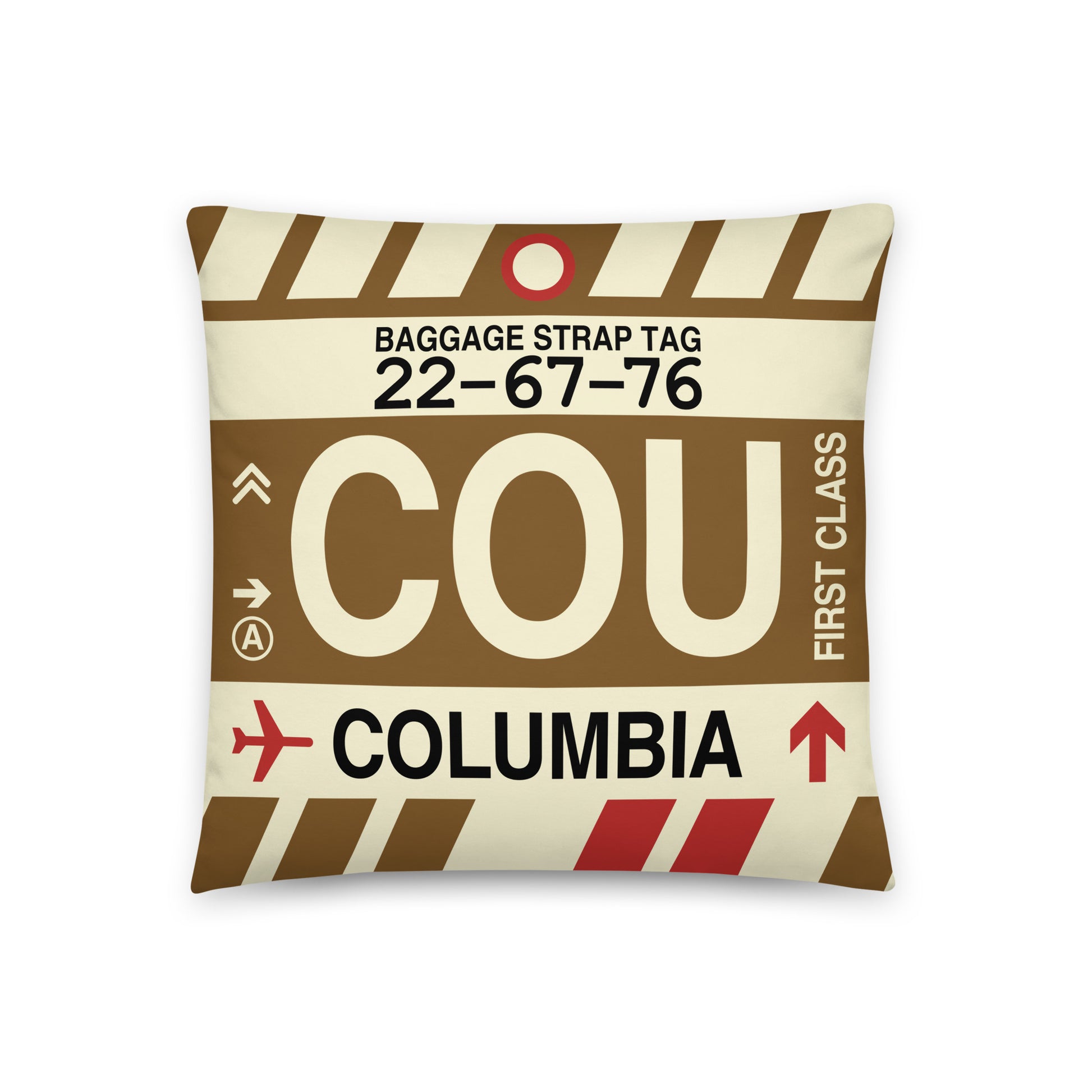 COU Columbia Throw Pillow • Jet Age Baggage Tag Design • YHM Designs - Image 01