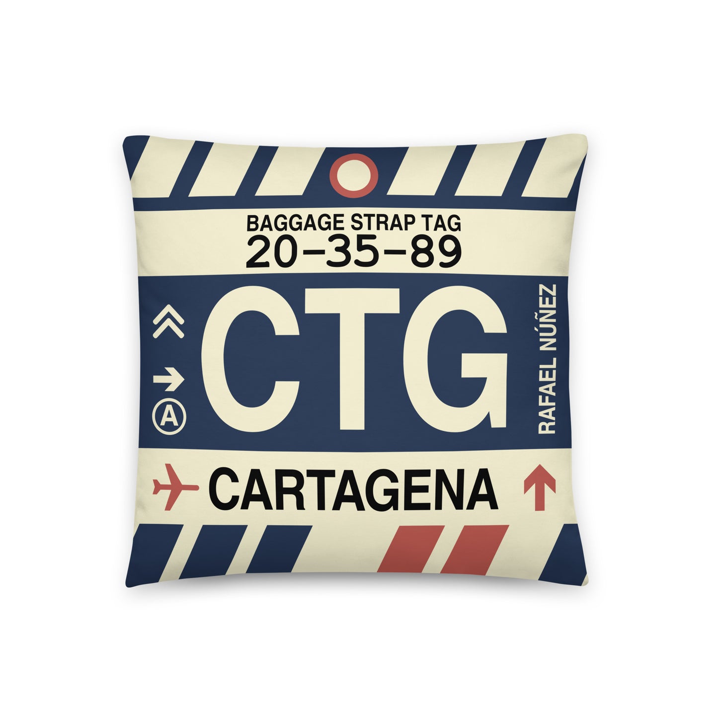 CTG Cartagena Throw Pillow • Jet Age Baggage Tag Design • YHM Designs - Image 01