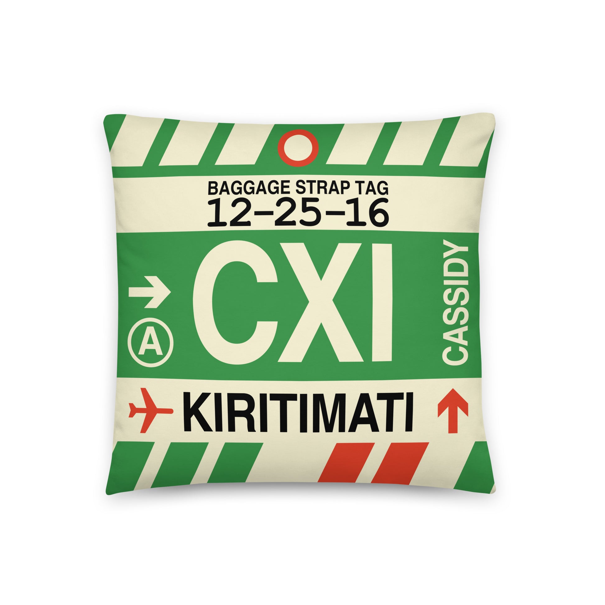 CXI Kiritimati Throw Pillow • Jet Age Baggage Tag Design • YHM Designs - Image 01