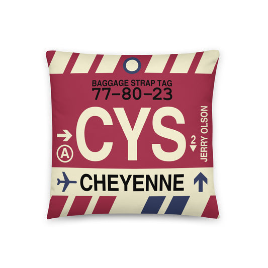CYS Cheyenne Throw Pillow • Jet Age Baggage Tag Design • YHM Designs - Image 01