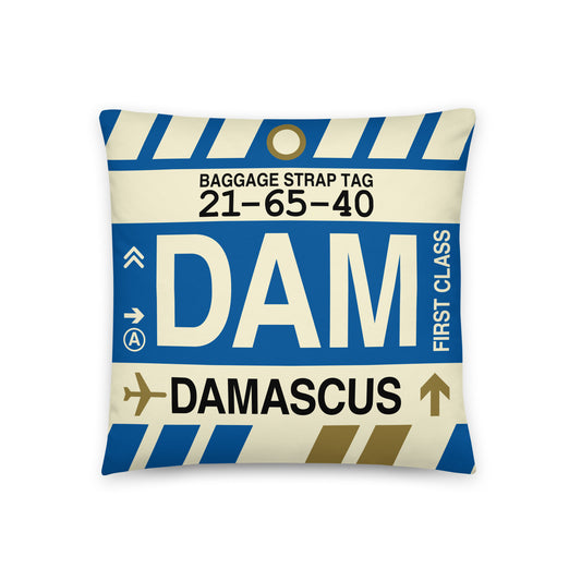 DAM Damascus Throw Pillow • Jet Age Baggage Tag Design • YHM Designs - Image 01
