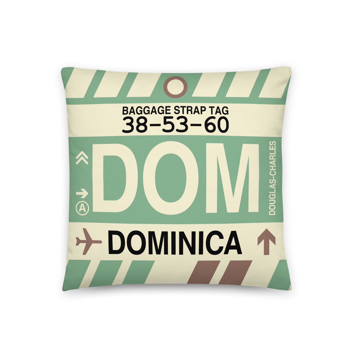 DOM Dominica Throw Pillow • Jet Age Baggage Tag Design • YHM Designs - Image 01