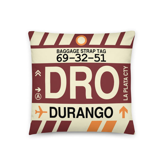 DRO Durango Throw Pillow • Jet Age Baggage Tag Design • YHM Designs - Image 01