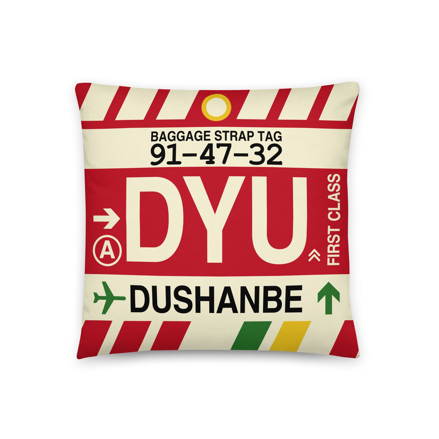 DYU Dushanbe Throw Pillow • Jet Age Baggage Tag Design • YHM Designs - Image 01
