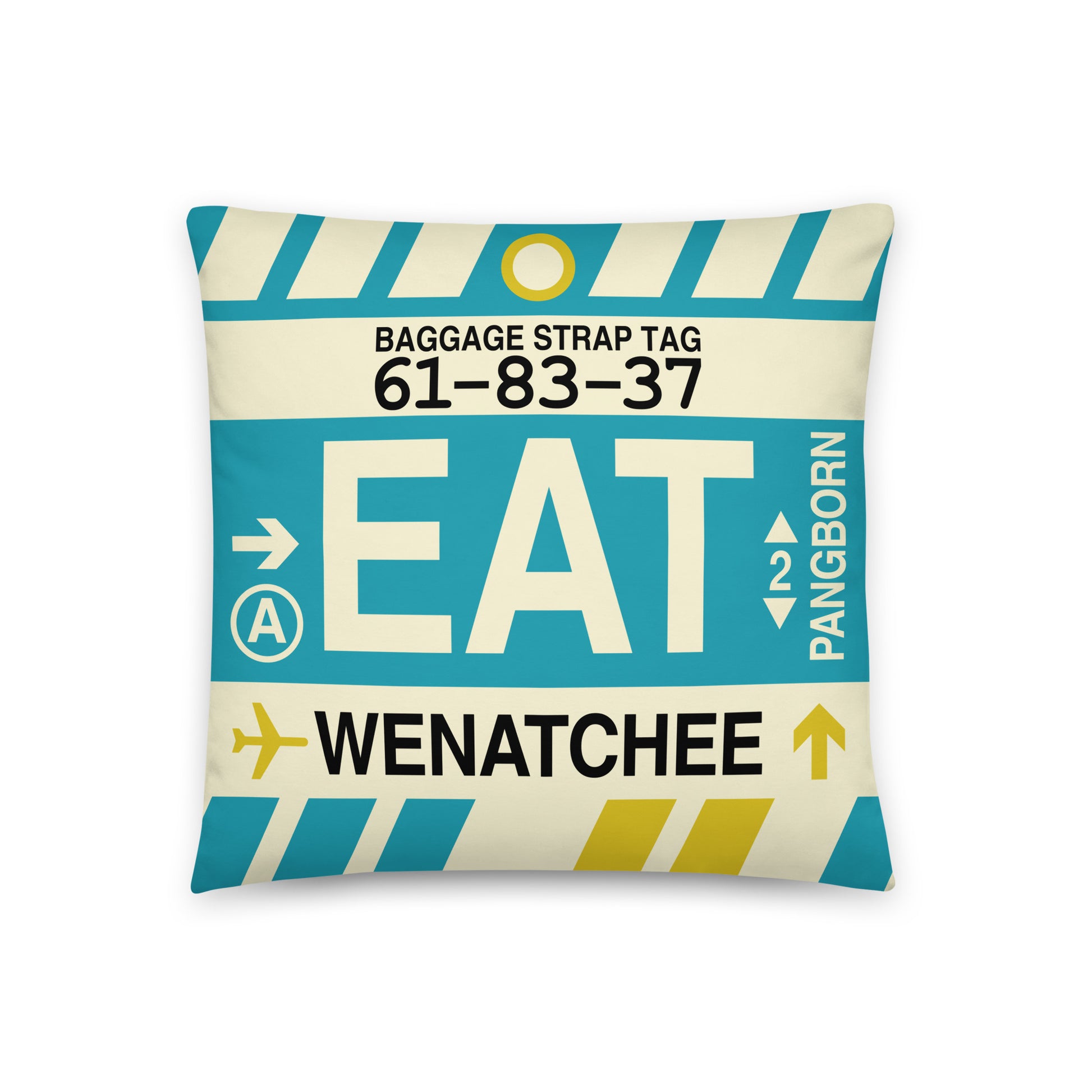 EAT Wenatchee Throw Pillow • Jet Age Baggage Tag Design • YHM Designs - Image 01