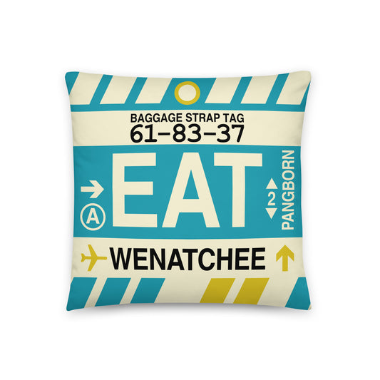 EAT Wenatchee Throw Pillow • Jet Age Baggage Tag Design • YHM Designs - Image 01
