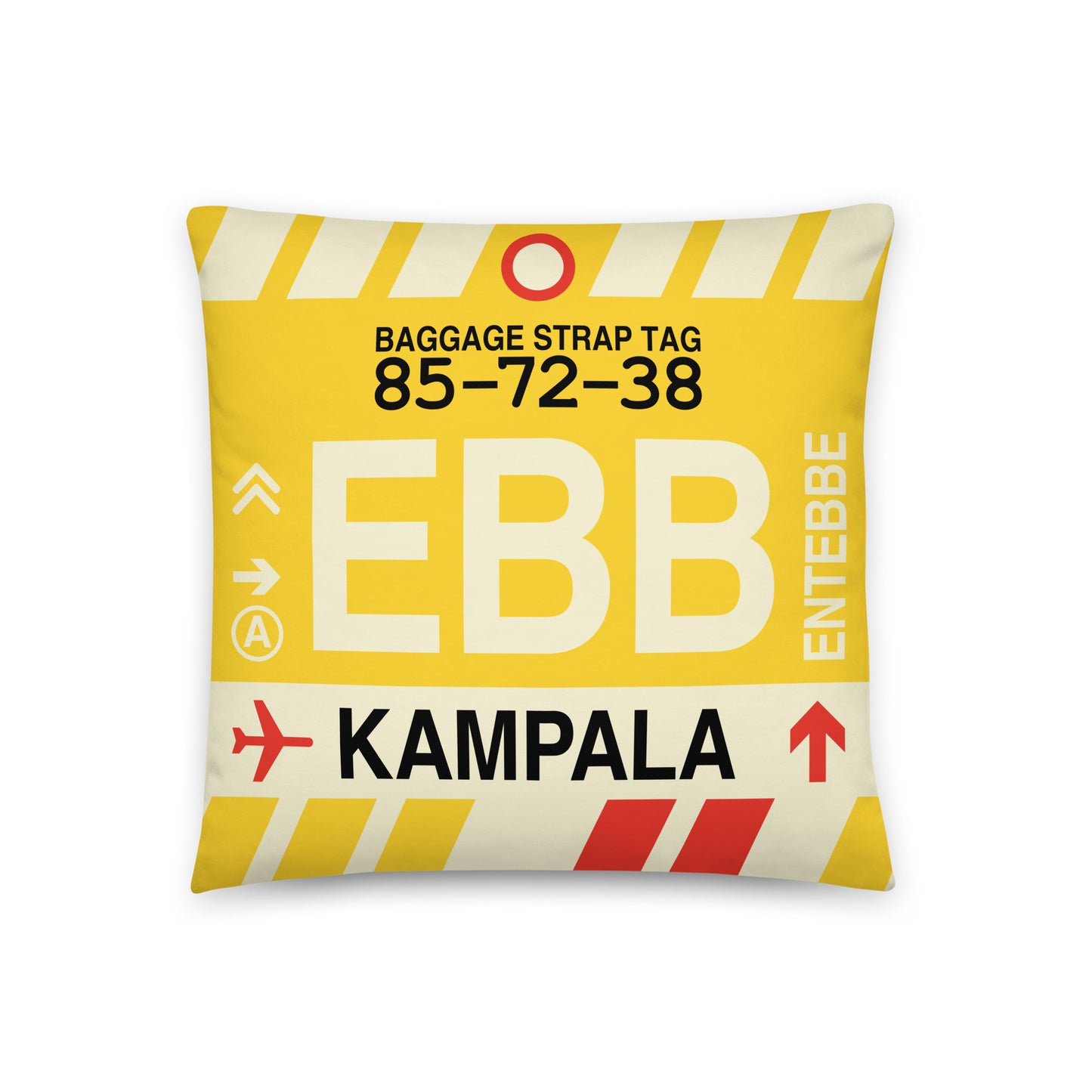 EBB Kampala Throw Pillow • Jet Age Baggage Tag Design • YHM Designs - Image 01