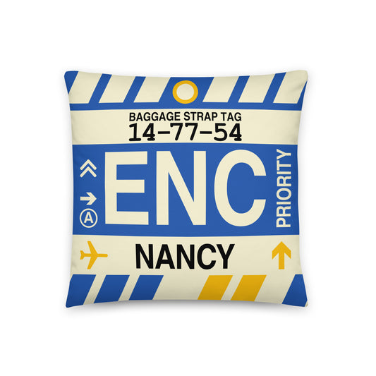 ENC Nancy Throw Pillow • Jet Age Baggage Tag Design • YHM Designs - Image 01