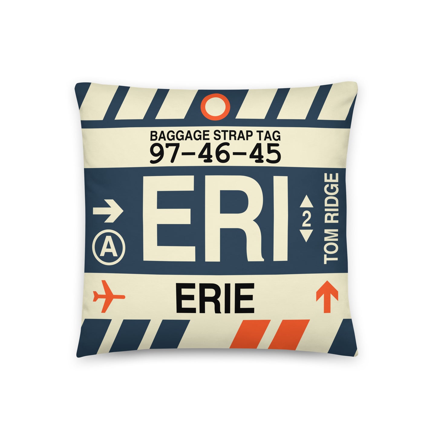 ERI Erie Throw Pillow • Jet Age Baggage Tag Design • YHM Designs - Image 01