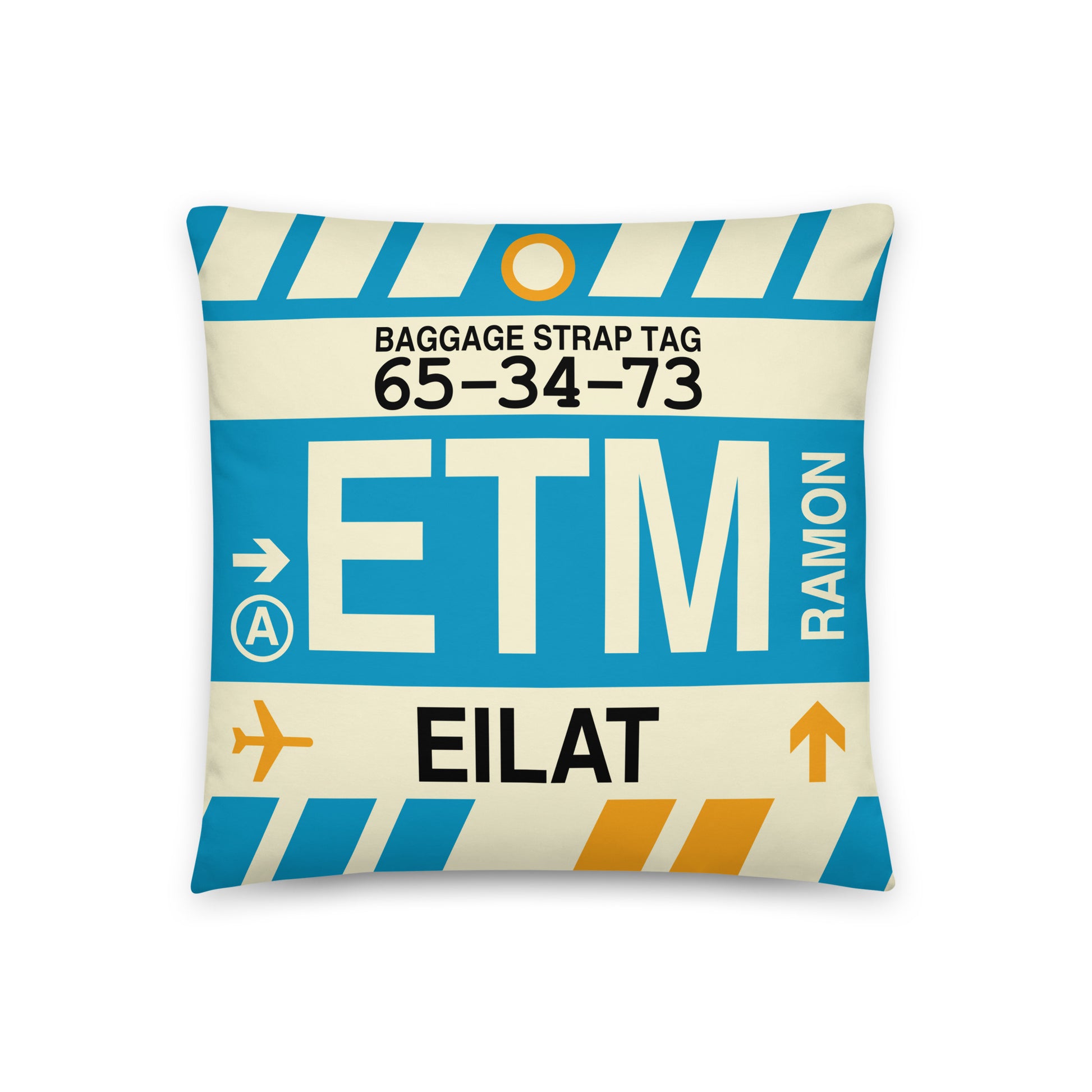 ETM Eilat Throw Pillow • Jet Age Baggage Tag Design • YHM Designs - Image 01