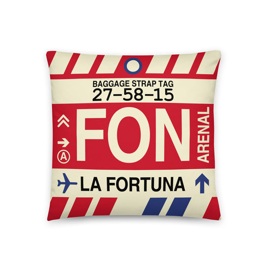 FON La Fortuna Throw Pillow • Jet Age Baggage Tag Design • YHM Designs - Image 01