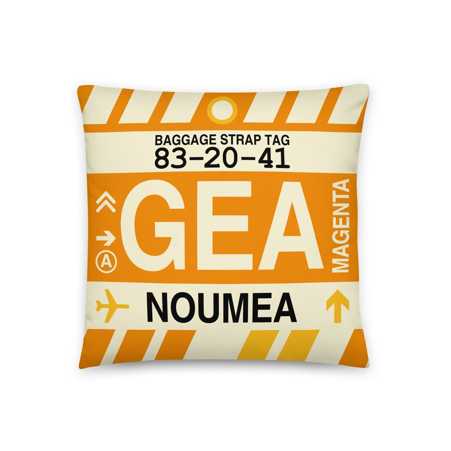 GEA Nouméa Throw Pillow • Jet Age Baggage Tag Design • YHM Designs - Image 01