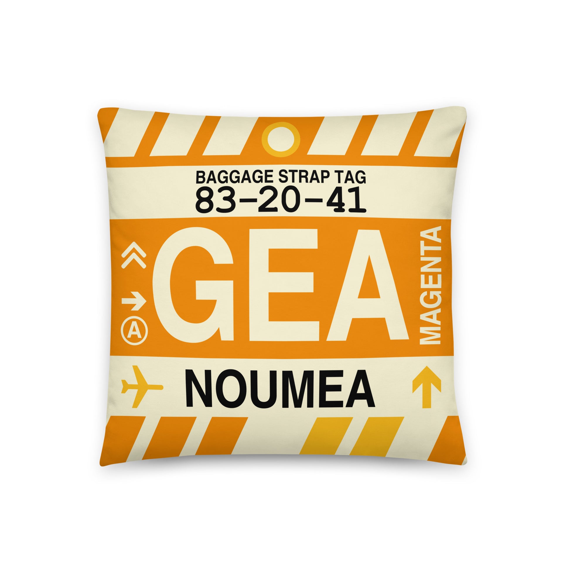 GEA Nouméa Throw Pillow • Jet Age Baggage Tag Design • YHM Designs - Image 01