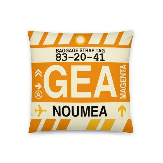 GEA Nouméa Throw Pillow • Jet Age Baggage Tag Design • YHM Designs - Image 01