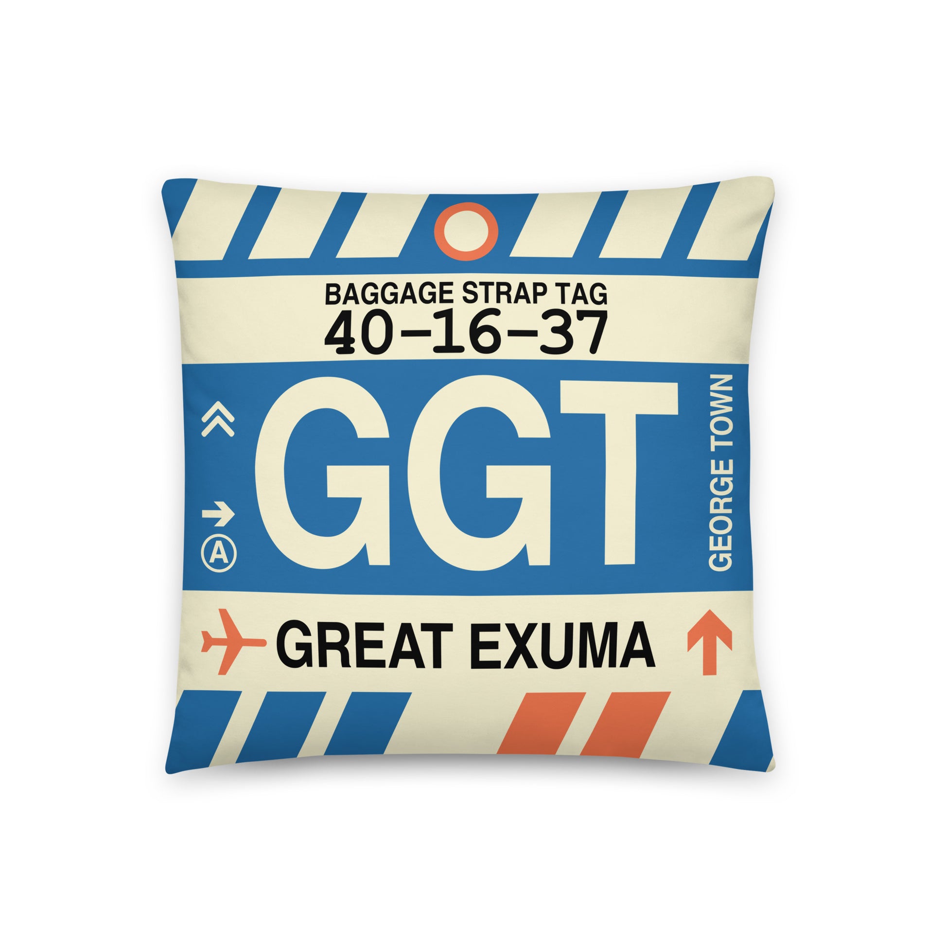 GGT Great Exuma Throw Pillow • Jet Age Baggage Tag Design • YHM Designs - Image 01