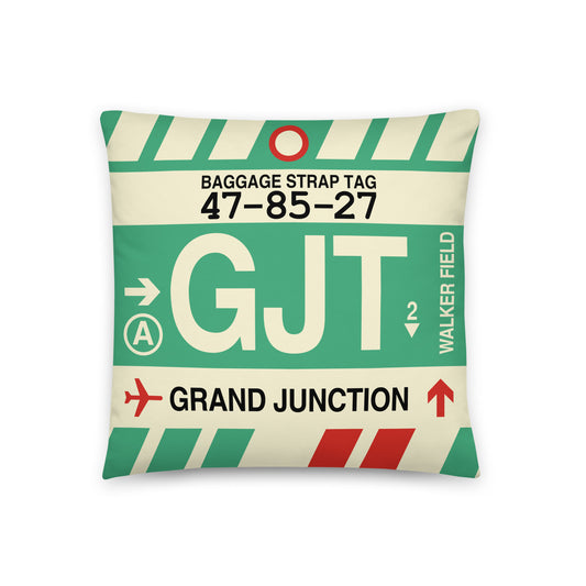 GJT Grand Junction Throw Pillow • Jet Age Baggage Tag Design • YHM Designs - Image 01