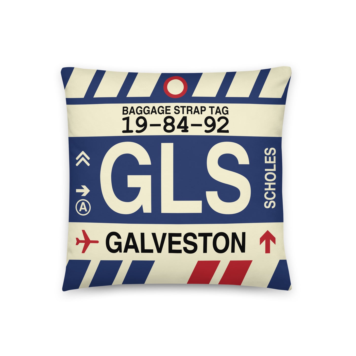 GLS Galveston Throw Pillow • Jet Age Baggage Tag Design • YHM Designs - Image 01