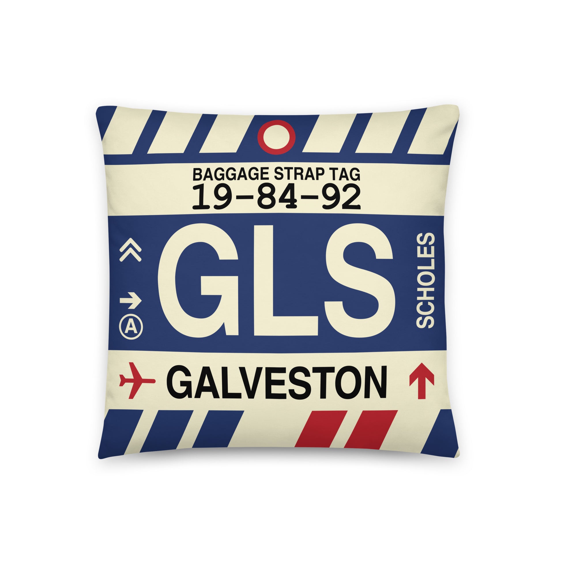 GLS Galveston Throw Pillow • Jet Age Baggage Tag Design • YHM Designs - Image 01