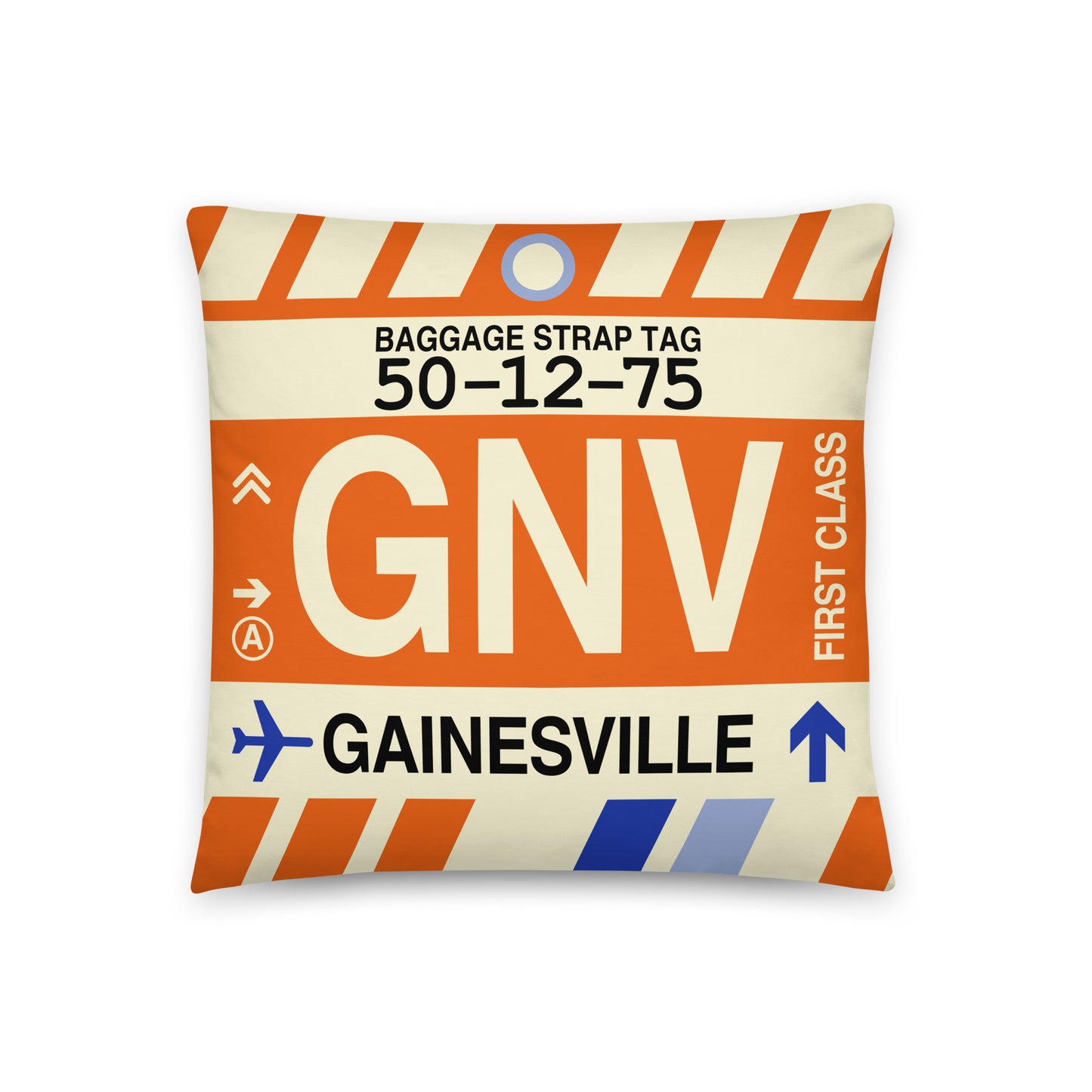 GNV Gainesville Throw Pillow • Jet Age Baggage Tag Design • YHM Designs - Image 01