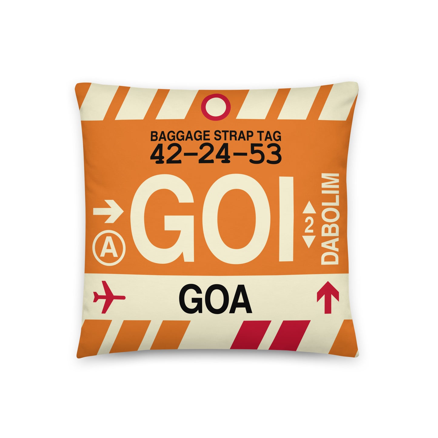 GOI Goa Throw Pillow • Jet Age Baggage Tag Design • YHM Designs - Image 01