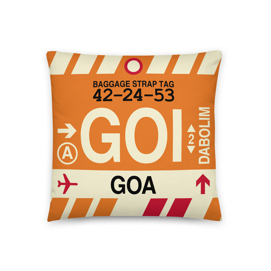 GOI Goa Throw Pillow • Jet Age Baggage Tag Design • YHM Designs - Image 01