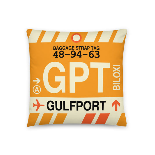 GPT Gulfport-Biloxi Throw Pillow • Jet Age Baggage Tag Design • YHM Designs - Image 01