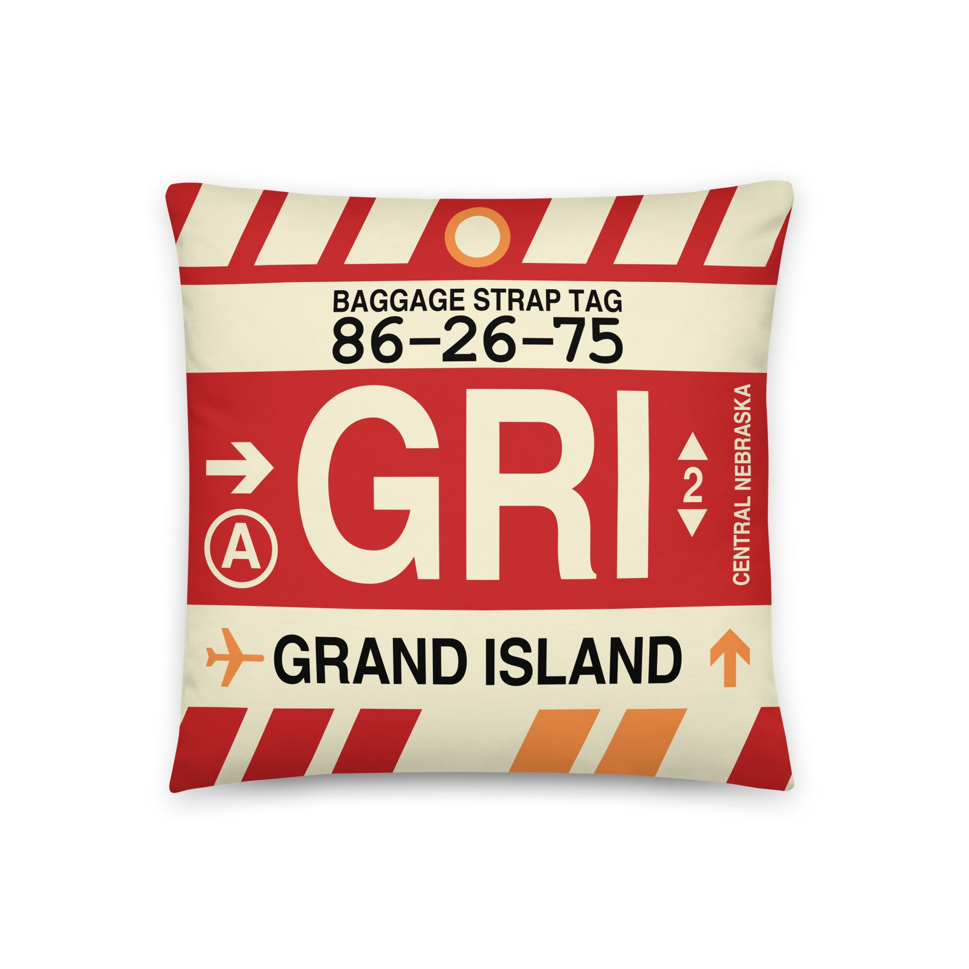 GRI Grand Island Throw Pillow • Jet Age Baggage Tag Design • YHM Designs - Image 01