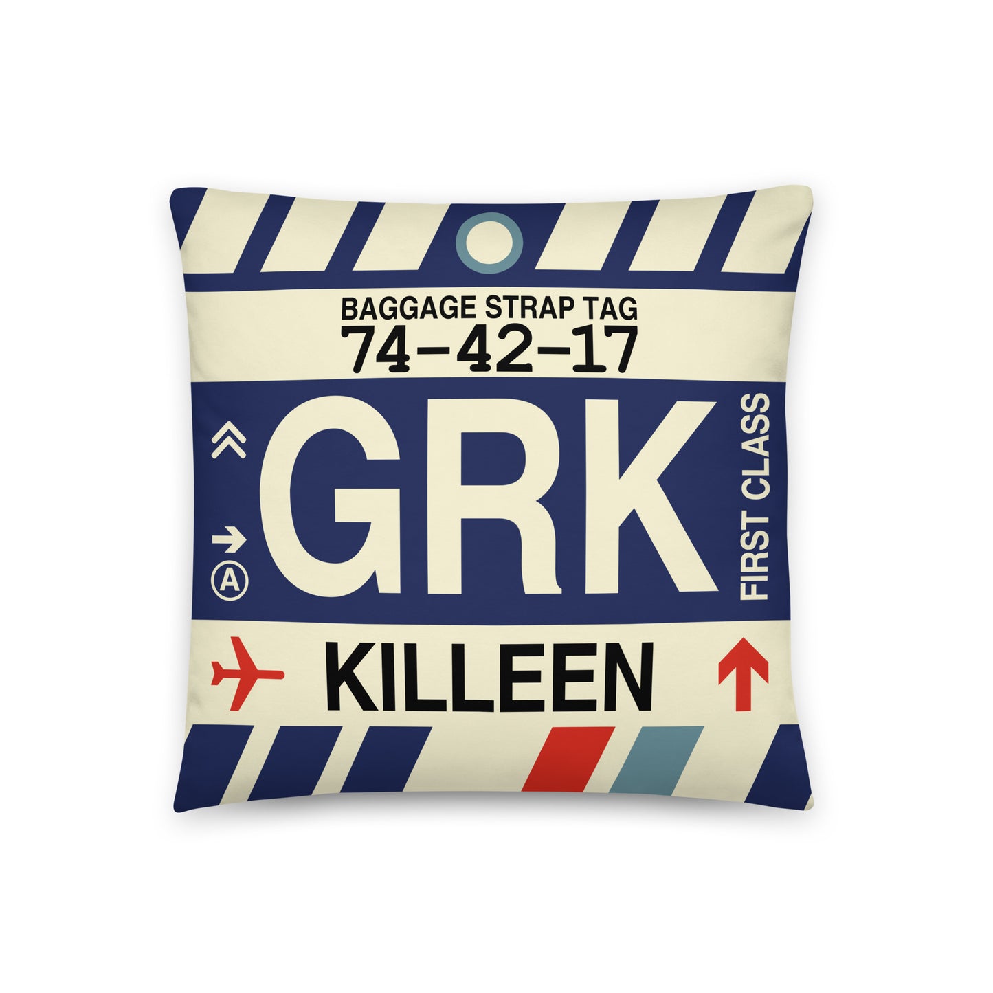 GRK Killeen Throw Pillow • Jet Age Baggage Tag Design • YHM Designs - Image 01