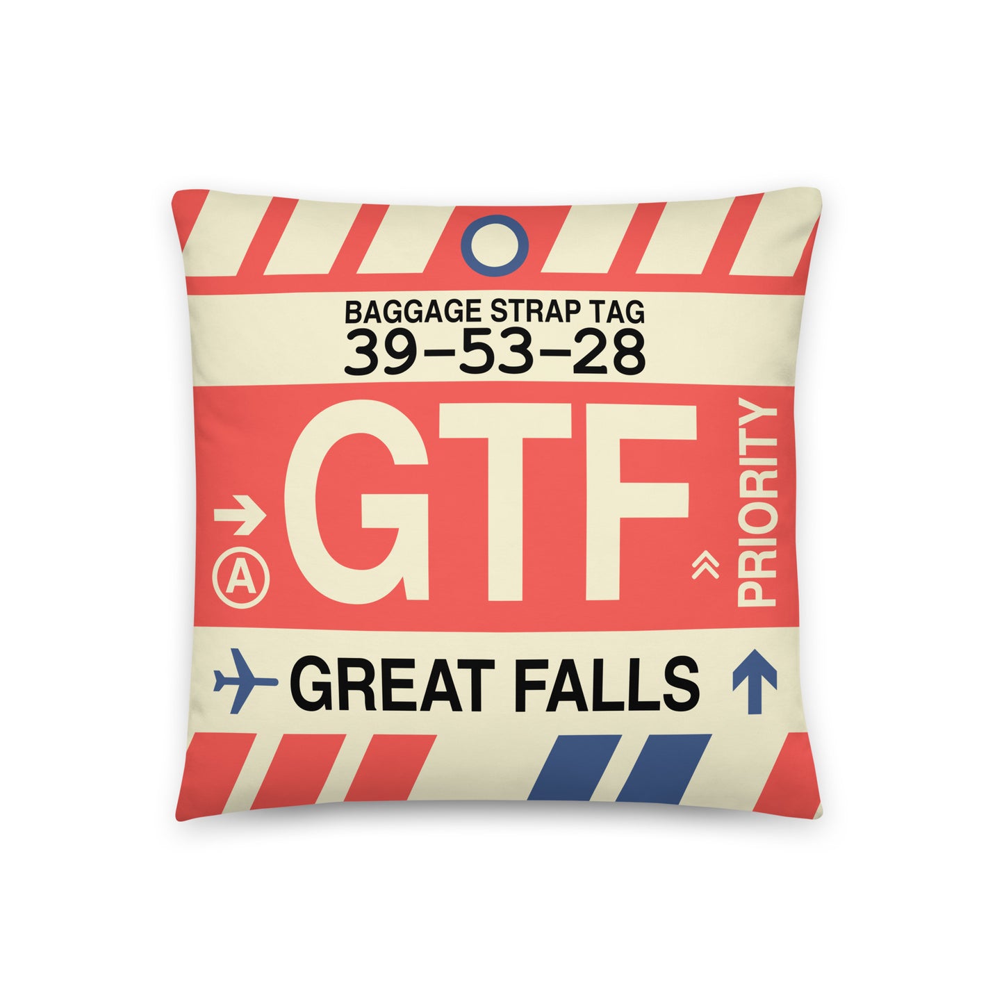 GTF Great Falls Throw Pillow • Jet Age Baggage Tag Design • YHM Designs - Image 01