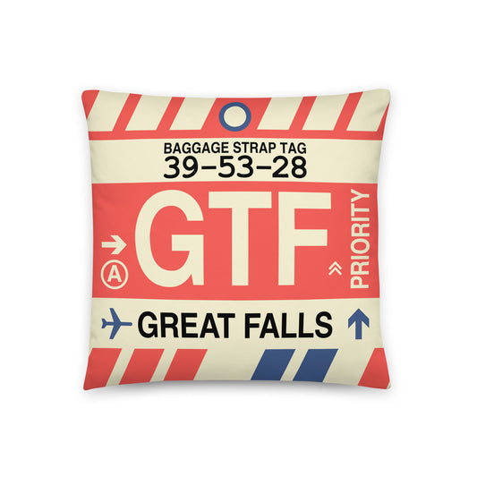 GTF Great Falls Throw Pillow • Jet Age Baggage Tag Design • YHM Designs - Image 01