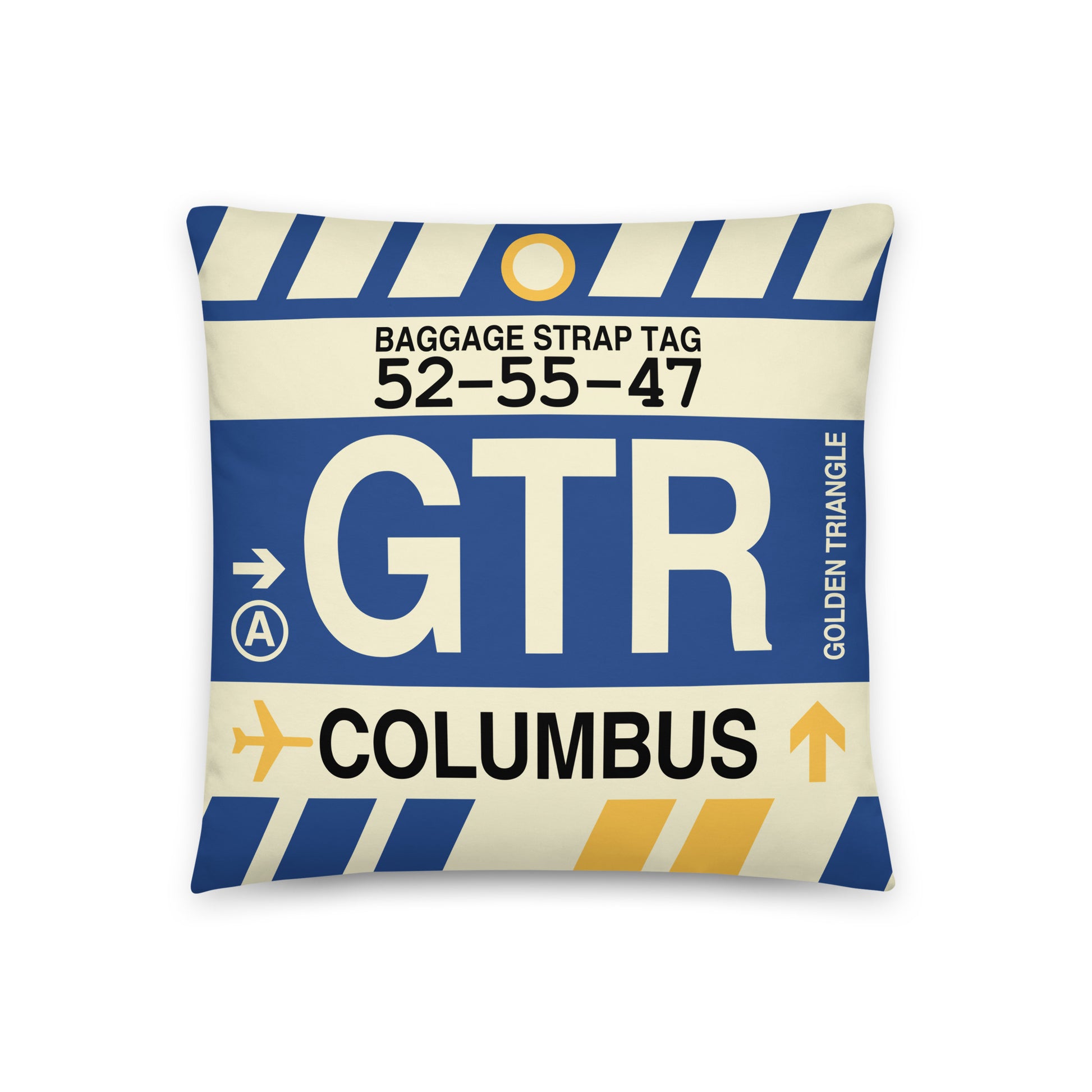 GTR Columbus Throw Pillow • Jet Age Baggage Tag Design • YHM Designs - Image 01