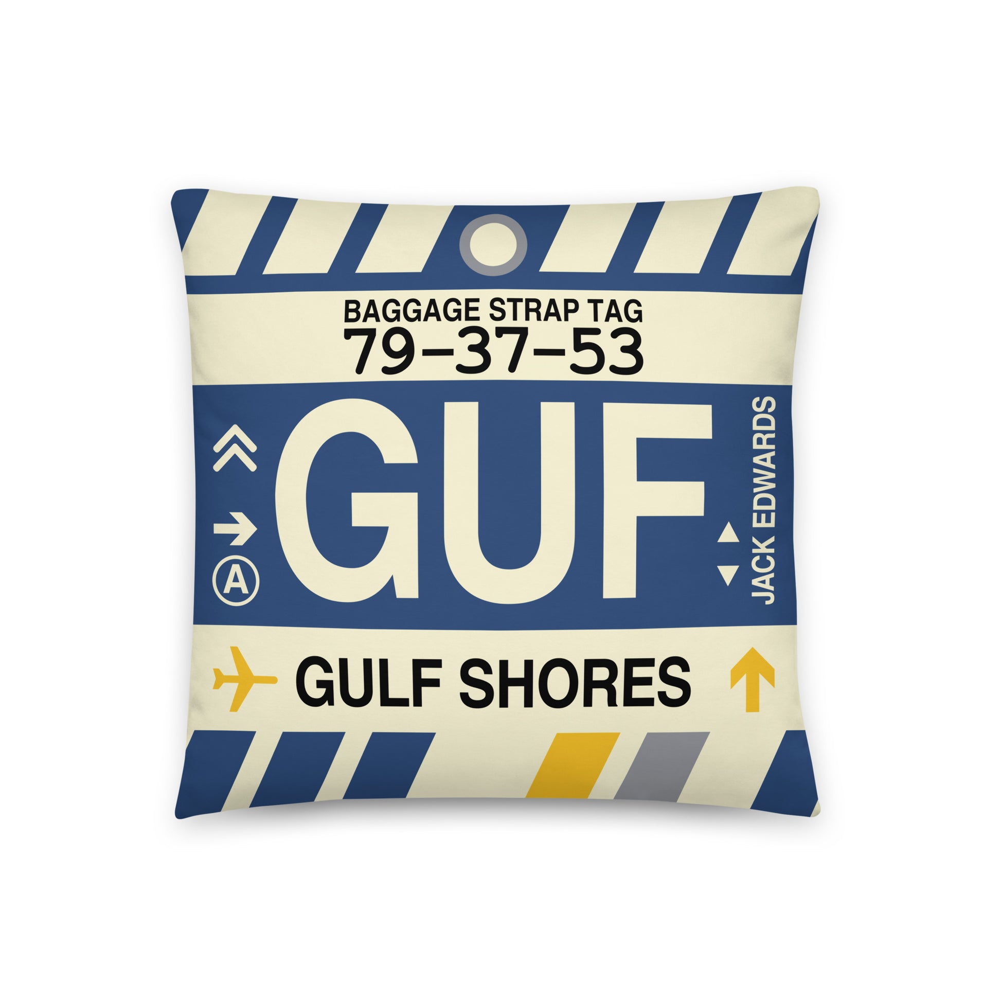 GUF Gulf Shores Throw Pillow • Jet Age Baggage Tag Design • YHM Designs - Image 01