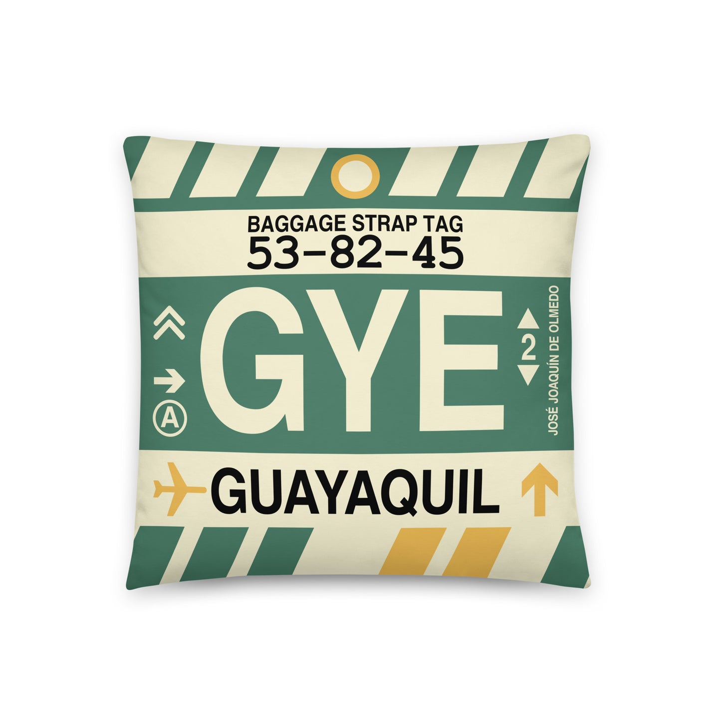 GYE Guayaquil Throw Pillow • Jet Age Baggage Tag Design • YHM Designs - Image 01