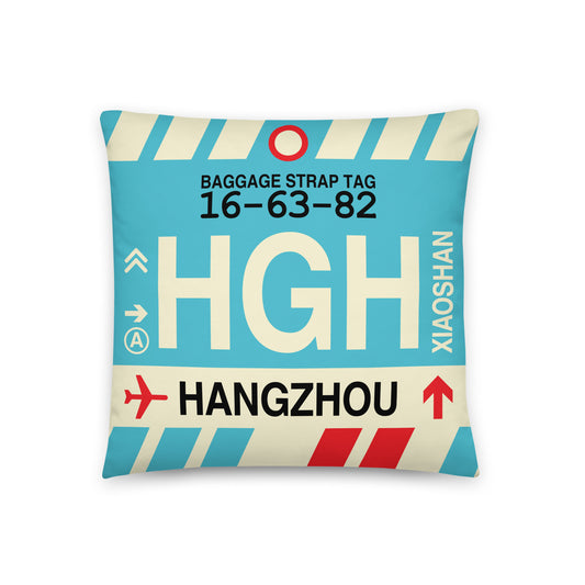 HGH Hangzhou Throw Pillow • Jet Age Baggage Tag Design • YHM Designs - Image 01