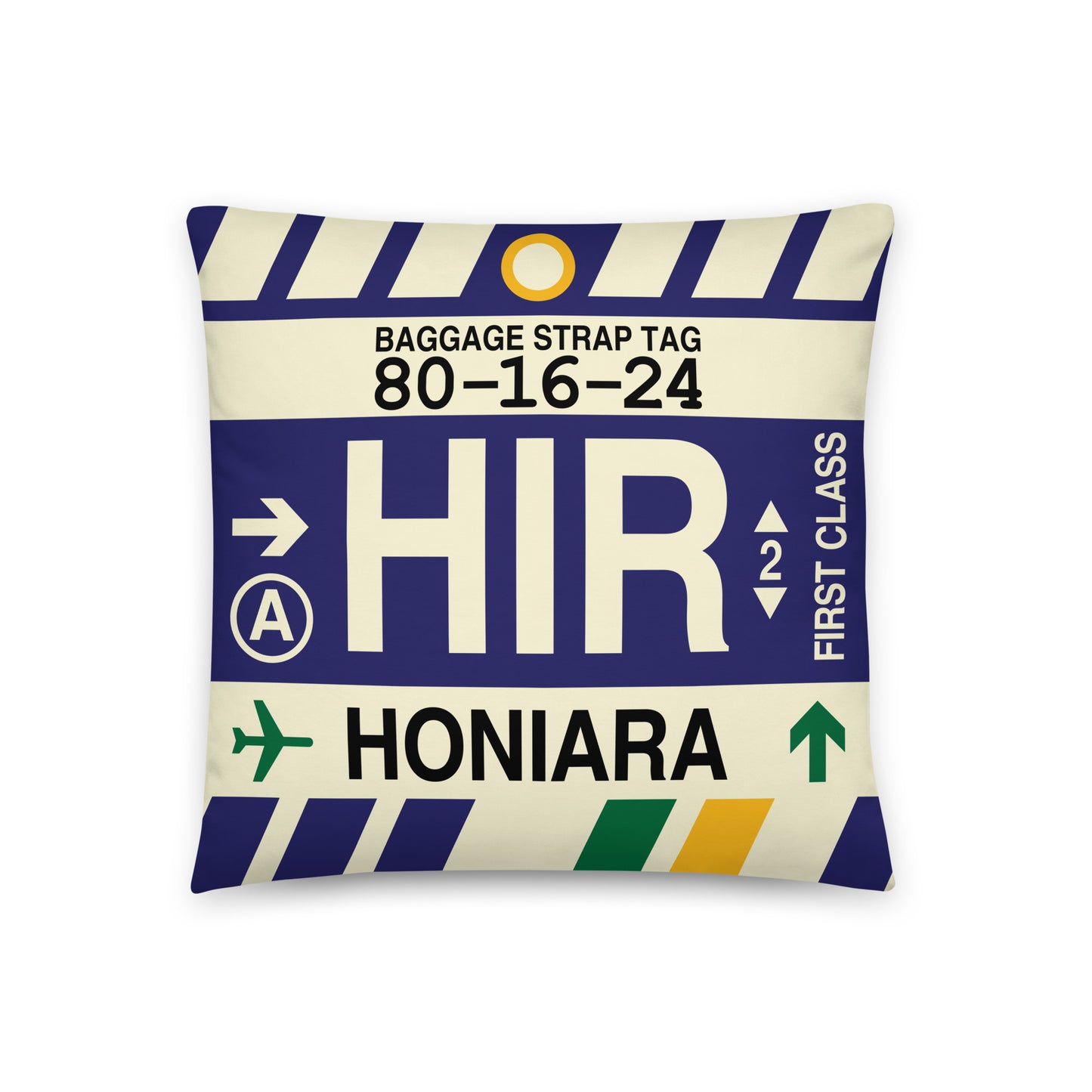 HIR Honiara Throw Pillow • Jet Age Baggage Tag Design • YHM Designs - Image 01