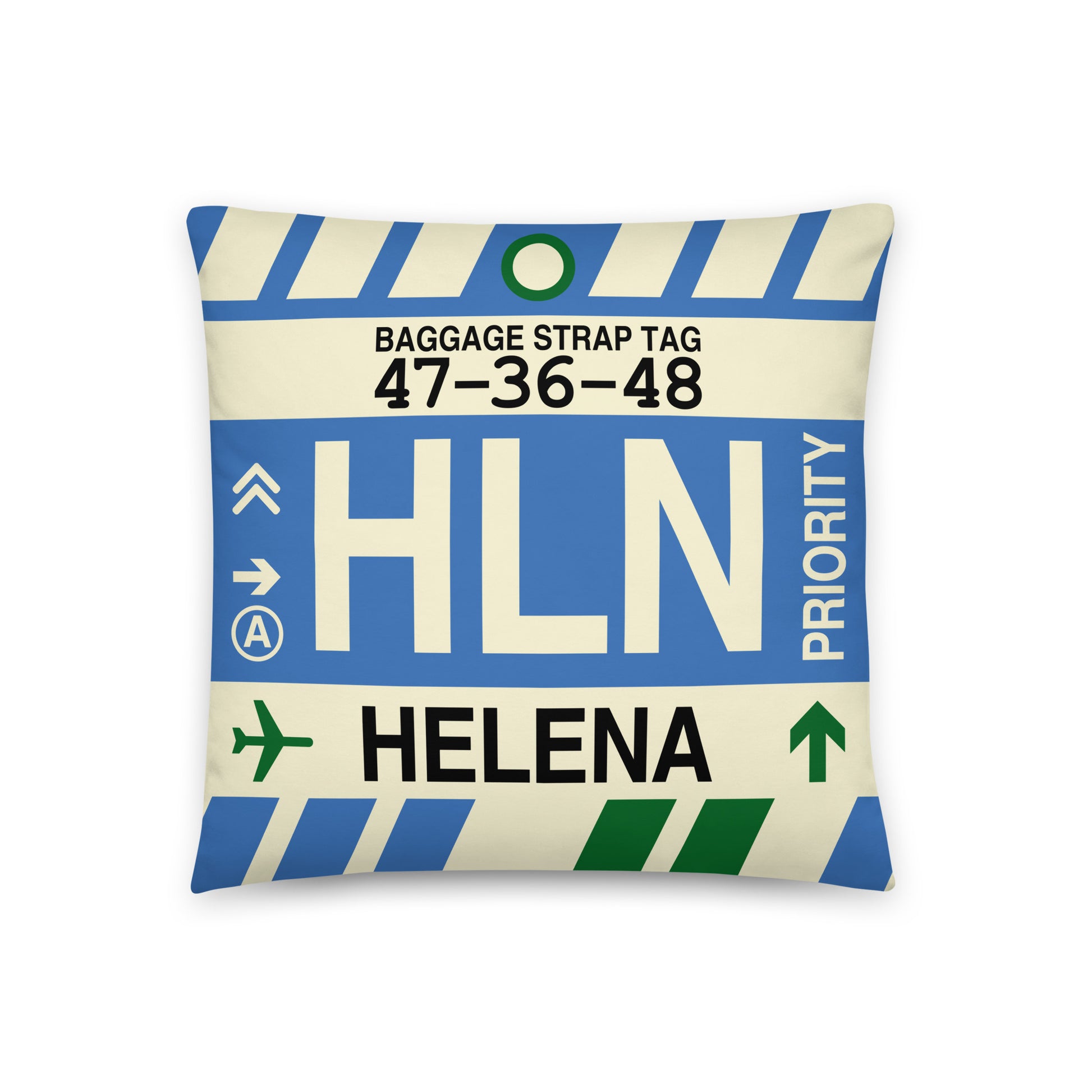 HLN Helena Throw Pillow • Jet Age Baggage Tag Design • YHM Designs - Image 01