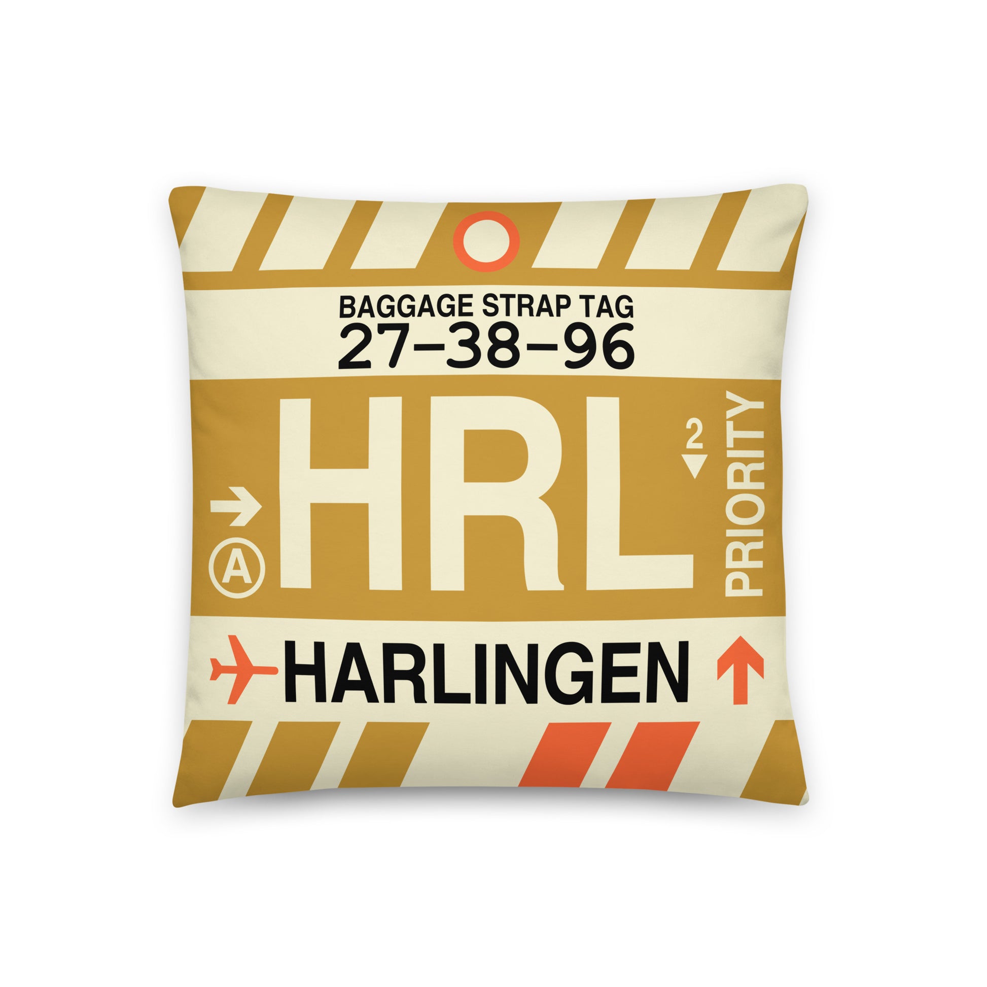 HRL Harlingen Throw Pillow • Jet Age Baggage Tag Design • YHM Designs - Image 01